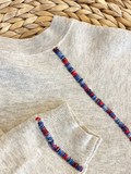 Preppy Light Grey Blue Marbled Hand Embroidered Vintage Sweatshirt