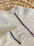 Preppy Light Grey Blue Marbled Hand Embroidered Vintage Sweatshirt