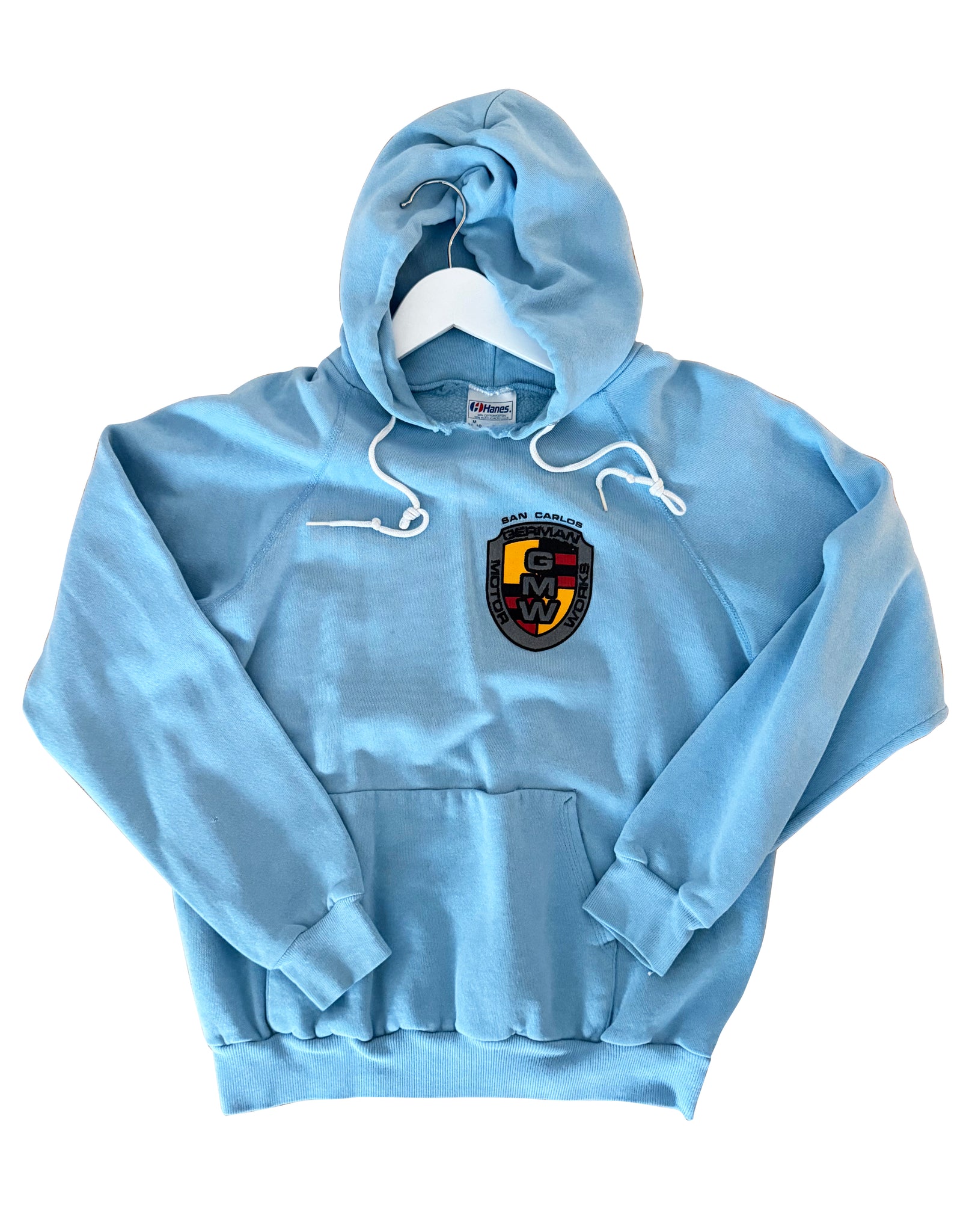 80'S FADED BABY BLUE GERMAN MOTOR WORKS PORSCHE SAN CARLOS VINTAGE HOODIE SWEATSHIRT