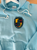 80'S FADED BABY BLUE GERMAN MOTOR WORKS PORSCHE SAN CARLOS VINTAGE HOODIE SWEATSHIRT