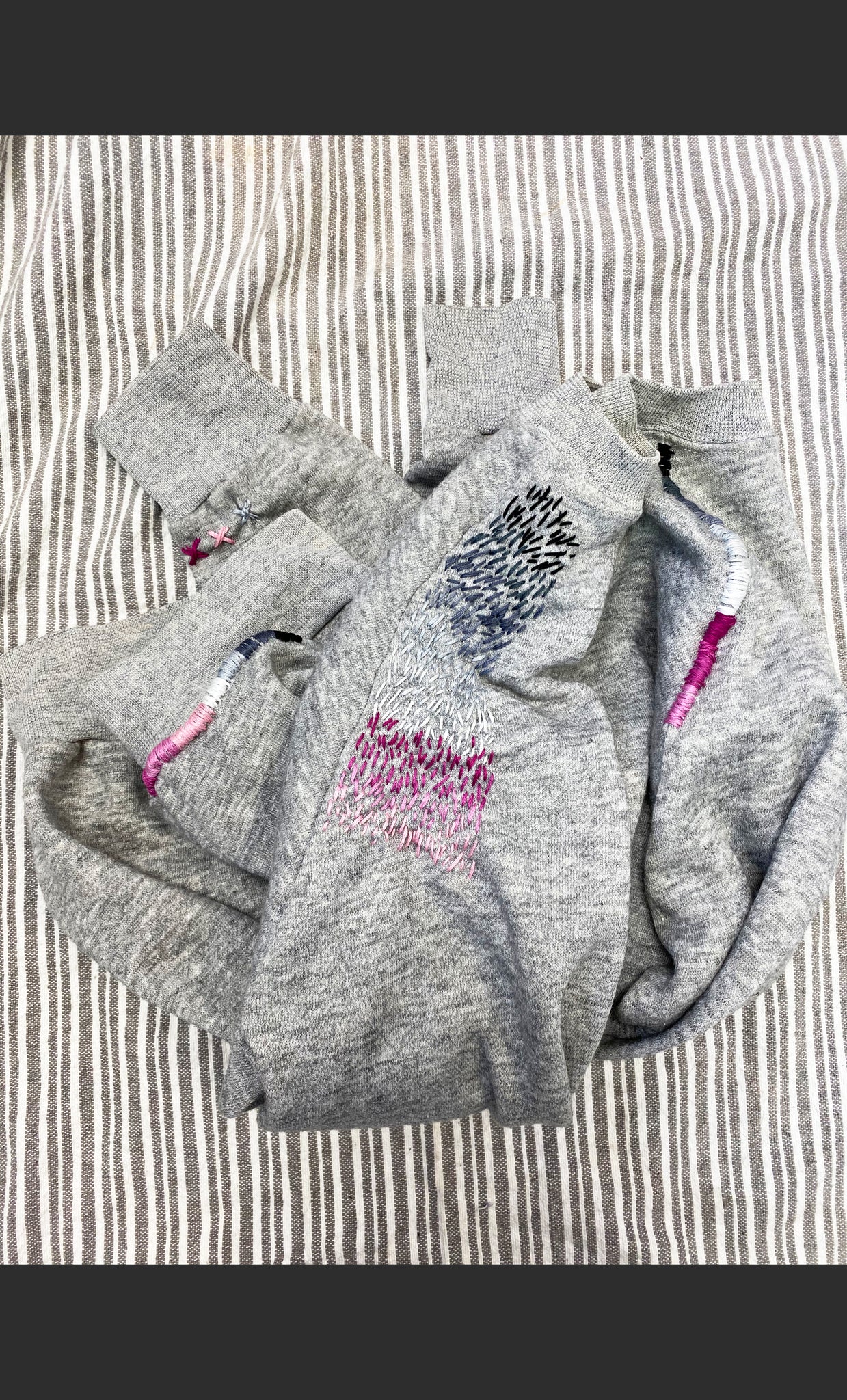 Upcycled Cherry Blossom Pink + Gray Hand Embroidered Vintage Sweatshirt