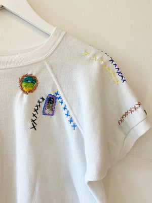 70's Shortsleeved White Hand Embroidered Vintage Sweatshirt