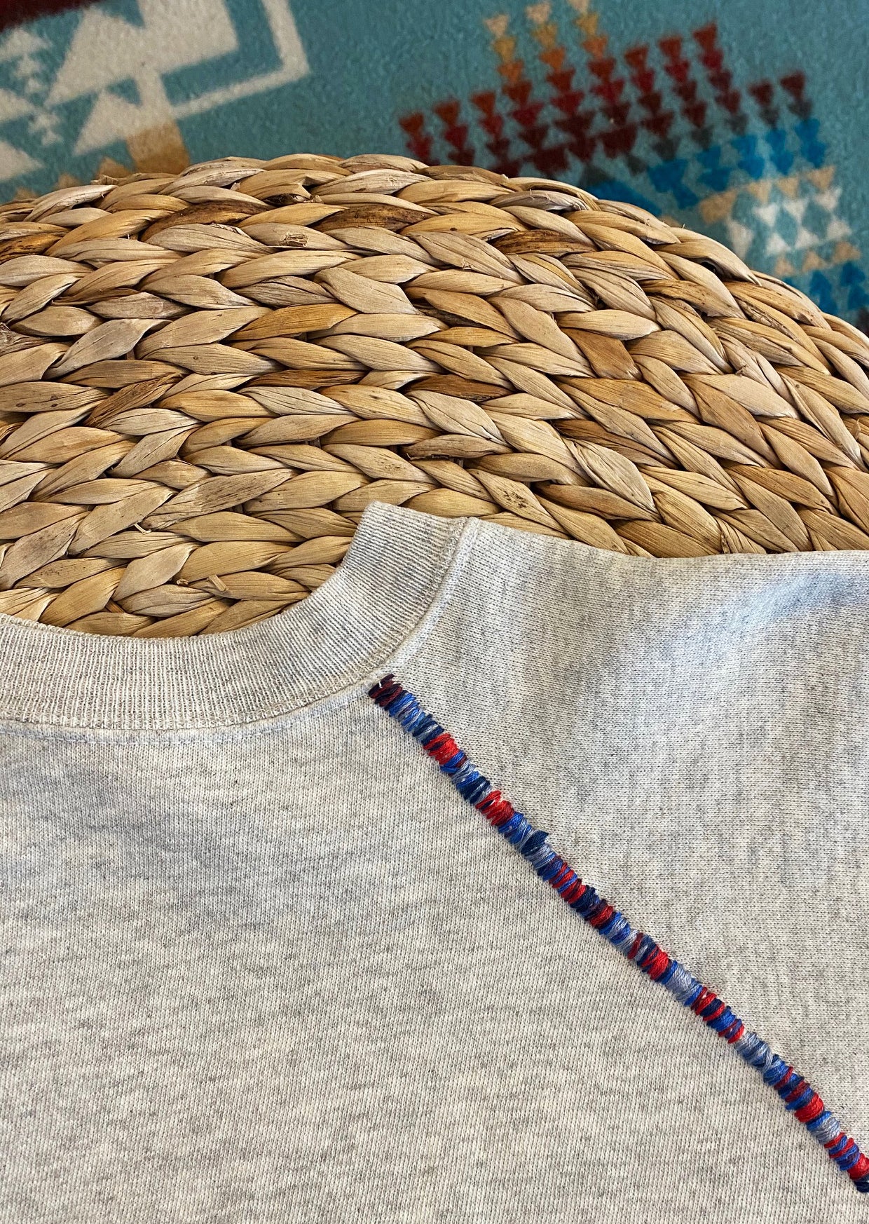 Preppy Light Grey Blue Marbled Hand Embroidered Vintage Sweatshirt