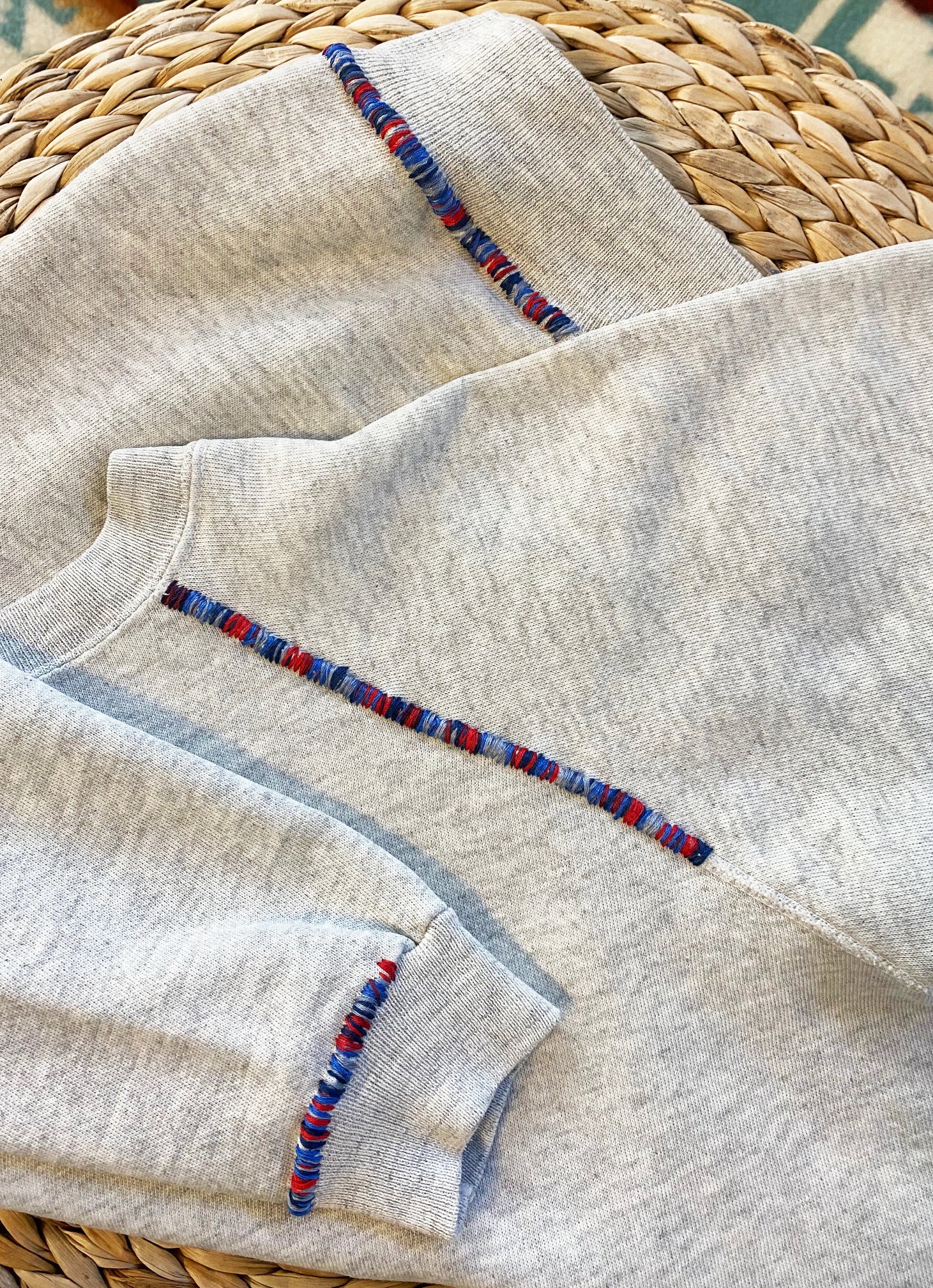 Preppy Light Grey Blue Marbled Hand Embroidered Vintage Sweatshirt